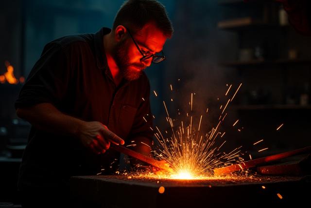 Artisan forgeron travaillant le métal incandescent dans un atelier sombre, étincelles volant.