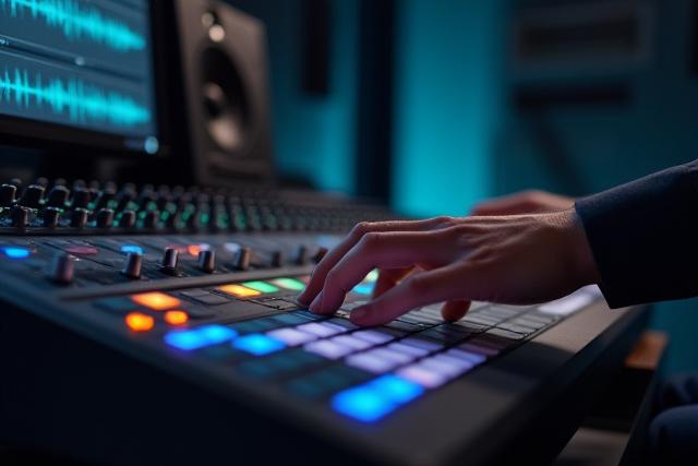 Producteur audio éditant des pistes sonores sur une console de mixage professionnelle, ambiance studio.