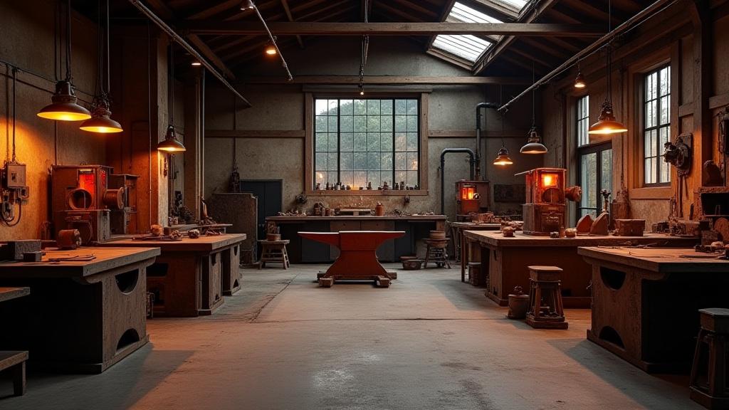 Intérieur d'une forge moderne avec des outils, un enclume et des matériaux bruts.