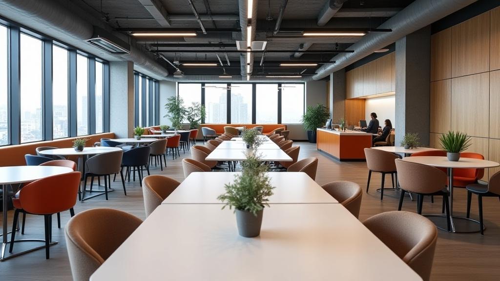 Vue d'ensemble de l'espace de co-working et de création, combinant esthétique industrielle et confort.