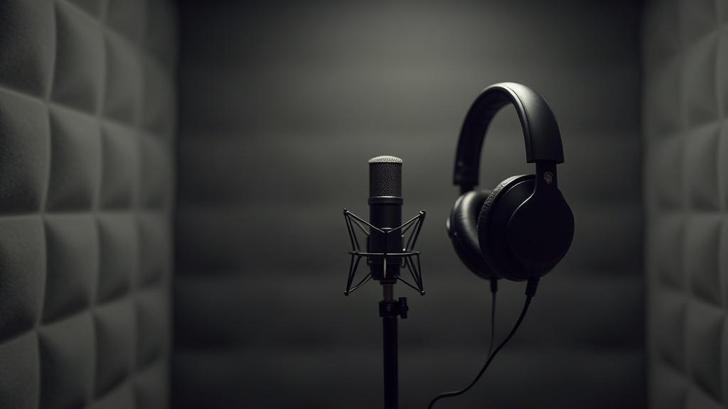 Cabine d'enregistrement insonorisée avec un microphone professionnel sur pied.