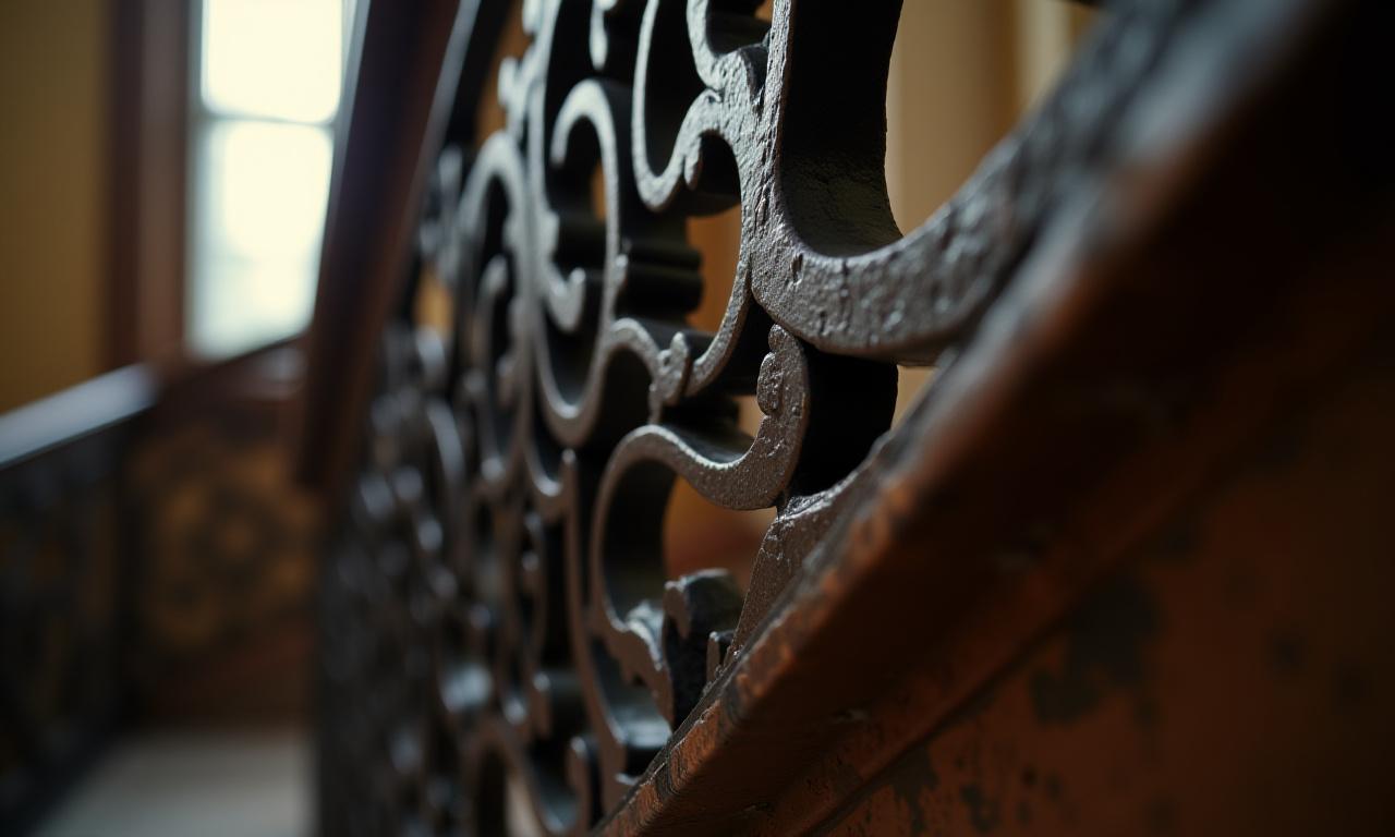 Métalâme: Détail d'une rampe d'escalier en fer forgé artisanal, motifs complexes et finition patinée.
