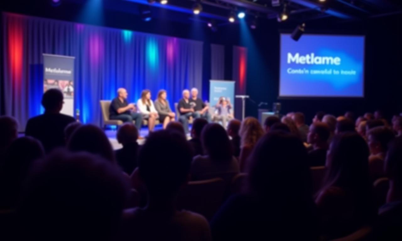 Métalâme: Scène de podcast en direct avec un public, éclairage professionnel et logos de la marque Métalâme.