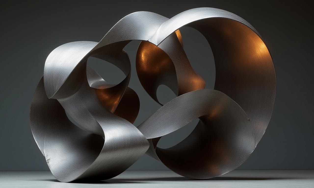 Métalâme: Sculpture métallique contemporaine abstraite en acier forgé, avec des reflets de lumière industriels.
